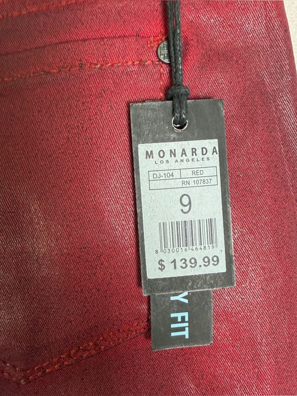 Monarda Women’s Red Wax Coated Skinny Jean Sz 9 Y2K Moto Biker Denim Ankle Zip - Picture 8 of 10